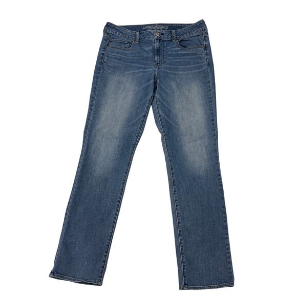 American Eagle Outfitters Denim - American Eagle Jeans Women Size 14 Long Blue Straight Stretch Distressed Casual